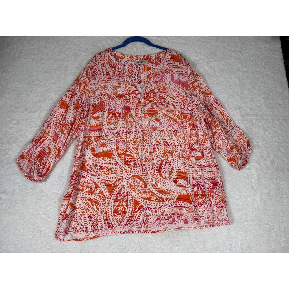 Jones New York Tunic Women 2X Orange Paisley 3/4 Sleeve Viscose Blouse Excellent